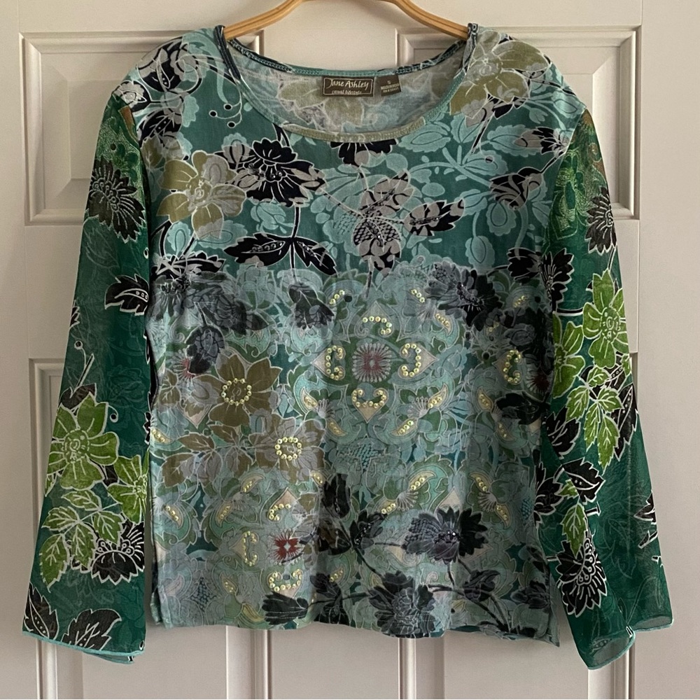 Vintage Ashley Y2K Paisley Floral Sequin Mesh Bell Sleeve Cotton Top Green Small